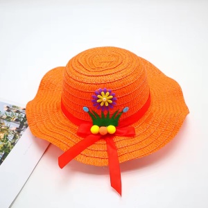 Palarie de soare, copii, model chic de vara pentru fetite, accesorizat cu flori si panglica, prindere sub barbie, margine ondulata, tematica cute summer, marime universala, portocalie - Img 2
