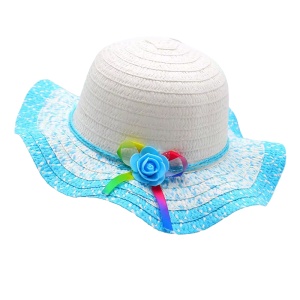 Palarie de soare, copii, model cute elegant pentru fetite, accesorizat cu flori si fundita rainbow, prindere sub barbie, margine ondulata, tematica happy summer, marime universala, albastra