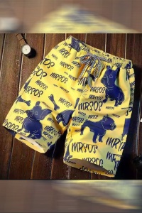 Pantaloni scurti de baie tip sort, barbati, galbeni, imprimeu caine buldog francez, uscare rapida - Img 4