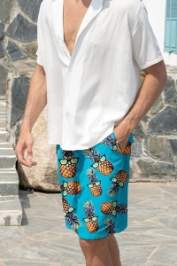 Pantaloni scurti de baie tip sort, barbati, imprimeu ananas amuzant, model cool summer, uscare rapida, albastru - Img 3