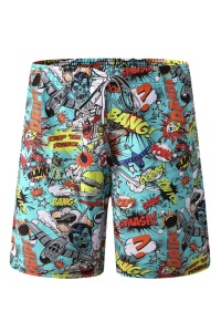 Pantaloni scurti de baie tip sort, barbati, imprimeu benzi desenate, model anime is life, uscare rapida, multicolor