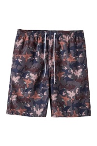 Pantaloni scurti de baie tip sort, barbati, model cu rechini fiorosi, imprimeu grafic acvatic, prindere cu snur, tematica crazy shark, uscare rapida, gri cu maro