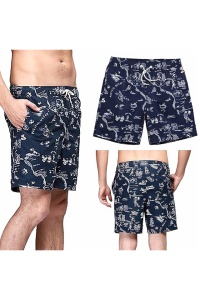 Pantaloni scurti de baie tip sort, barbati, model skipper, imprimeu grafic tineresc, prindere cu snur, tematica sailing into the endless sea, uscare rapida, albastri - Img 4