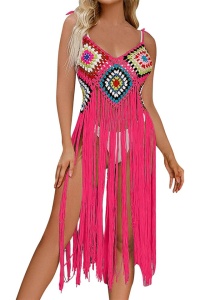Pareo tip rochie pentru plaja, model cu franjuri transparent, tesatura traditionala, tematica crazy retro summer, roz