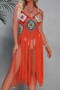 Pareo tip rochie pentru plaja, model cu franjuri transparent, tesatura traditionala, tematica crazy retro summer, portocaliu - Img 4