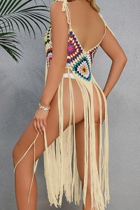 Pareo tip rochie pentru plaja, model cu franjuri transparent, tesatura traditionala, tematica crazy retro summer, bej - Img 2
