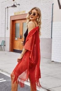 Pareo tip rochie pentru plaja sau strada, accesorizata cu perlute pe margine si fir scripitor, rosu - Img 3