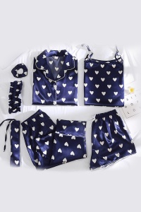 Pijama dama 4 in 1, haine de stat in casa, 7 piese, satin, camasa, maieu, pantalon lung si chilot tip pantalon scurt, albastru cu inimioare - Img 2