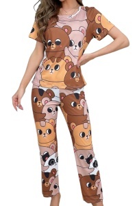Pijama dama, set 2 piese, bluza cu maneca scurta si pantaloni lungi, model cute cu imprimeu deosebit lumea ursuletilor, tematica happy bear familly, multicolor