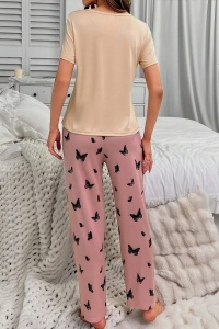 Pijama dama, set 2 piese, bluza cu maneca scurta si pantaloni lungi, model cute fantezie de fluturasi, tematica butterfly dream, roz cu bej - Img 2