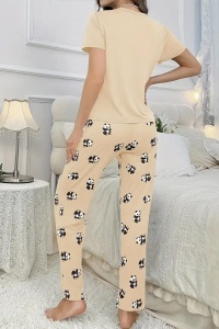 Pijama dama, set 2 piese, bluza cu maneca scurta si pantaloni lungi, model cute cu imprimeu ursulet panda dragalas, tematica sleepy buddy, bej - Img 2