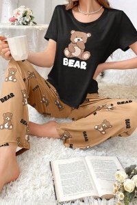 Pijama dama, set 2 piese, bluza cu maneca scurta si pantaloni lungi, model cute cu ursuleti cozy, tematica lovely bear, maro cu negru - Img 3