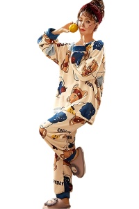 Pijama dama, set 2 piese, bluza maneca lunga si pantaloni lungi, model pufos si calduros, tematica I love bears, albastra