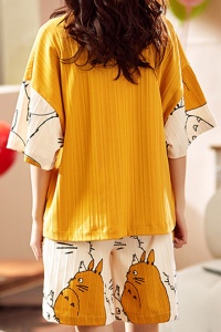 Pijama dama, set 2 piese, bluza maneca scurta si pantaloni scurti, model cu pisica jucausa, tematica I love cats, galbena - Img 2