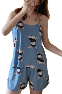 Pijama dama, set 2 piese, maieu si pantalon scurt, albastru cu imprimeu iepurasi