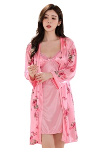 Pijama dama, set 2 piese, rochie scurta si halat asortat, model cu imprimeu floral sexy, tematica flower lady, roz