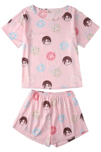 Pijama dama, set 3 piese, tricou maneca scurta, pantalon scurt si masca de dormit, roz cu imprimeu gogosi colorate