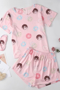 Pijama dama, set 3 piese, tricou maneca scurta, pantalon scurt si masca de dormit, roz cu imprimeu gogosi colorate - Img 3