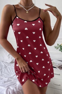 Pijama dama, tip camasa de noapte scurta, rosie cu imprimeu inimi - Img 3