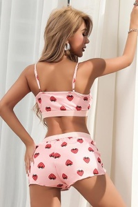 Pijama sexy dama, set 2 piese, top tip bustiera si pantaloni scurti, model cu imprimeu grafic, capsuni delicioase, roz - Img 2