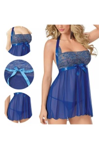 Pijama sexy dama, tip rochie scurta si chilot tanga, model provocator senzual, albastra - Img 3