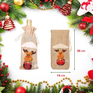 Saculet de Craciun pentru sticle de bauturi, model cu personaje de poveste, ren simpatic, prindere reglabila cu snur, tematica party winter, marime universala, bej - Img 4