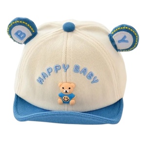 Sapca pentru copii, cozoroc curbat, accesorizata cu urechiuse, model simpatic si vesel, tematica happy baby, 6 luni – 2 ani, albastra
