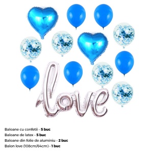 Set 13 baloane indragostiti, decor „Love“, simple si cu confeti, albastre - Img 2