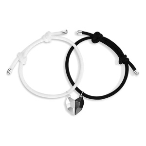Set bratari cuplu cu inima magnet, tip sfoara, negra si alba, reglabile, lucrata manual
