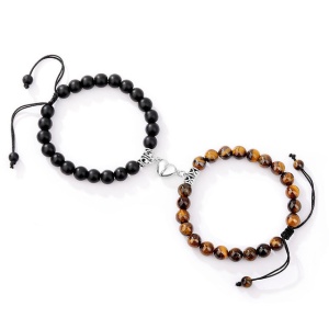Set bratari cuplu cu inimioara magnet, roca semipretioasa, neagra si maro, reglabile, unisex