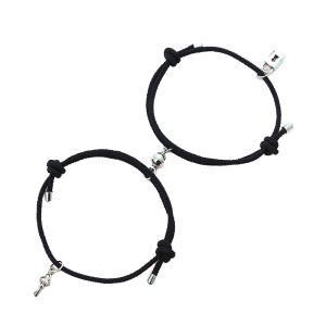 Set bratari cuplu cu magnet, lacat si cheita, tip sfoara, negre, - Img 3