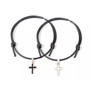 Set bratari cuplu, tip sfoara, cu accesoriu cruce, reglabile, negre