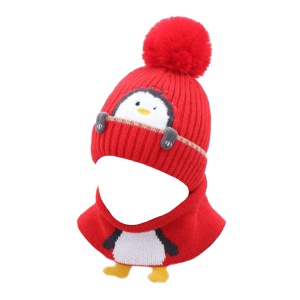 Set caciula copii cu fular pentru iarna, model pinguin vesel, 6 luni – 3 ani, rosie