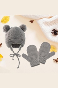 Set caciula copii cu manusi pentru iarna, model cu urechi pom pom, 1-4 ani, gri - Img 3