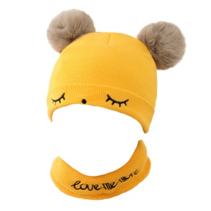 Set caciula iarna cu fular pentru copii, model cu urechi pom pom pufoase si sprancene, tematica love me more, marime universala, galben