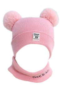 Set caciula pentru iarna cu fular pentru copii, model cu urechi pom pom, roz, marime universala