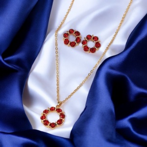 Set cercei si lantisor dama, model fashion delicat, tematica fancy style, rosu - Img 3
