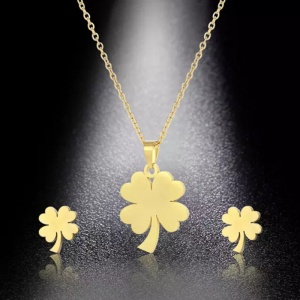 Set dama, lant si cercei, model lucky charm, trifoi cu patru foi, auriu - Img 4