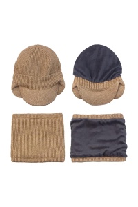 Set doua piese, caciula de barbati tip sapca moale cu cozoroc si protectie urechi, fular asortat, captuseala pufoasa, model office style, tematica I wanna be confortable, marime universala, maro - Img 4