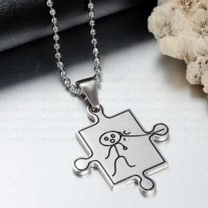 Set lant cuplu cu pandantiv puzzle, model geometric cute couple, unisex, argintiu - Img 3