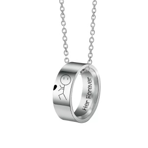 Set lant cuplu cu pandantive inele cu omuleti indragostiti, model always and forever, unisex, argintiu - Img 3