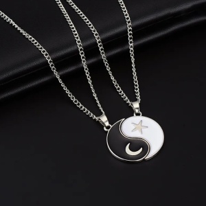 Set lant cuplu cu pandantive ying si yang, model soare si stele, unisex, argintiu - Img 2