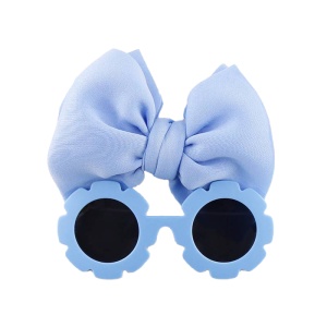 Set ochelari de soare pentru fetite, model rotund tip floare, accesorizat cu funda supradimensionata asortata, tematica fancy summer, marime universala, albastru