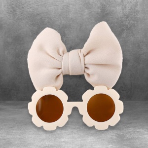 Set ochelari de soare pentru fetite, model rotund tip floare, accesorizat cu funda supradimensionata asortata, tematica fancy summer, marime universala, bej - Img 3