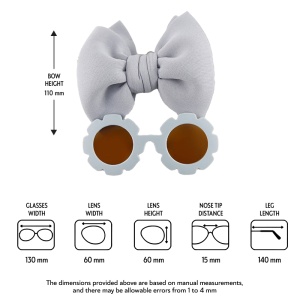 Set ochelari de soare pentru fetite, model rotund tip floare, accesorizat cu funda supradimensionata asortata, tematica fancy summer, marime universala, gri - Img 4