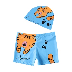 Set pantaloni de baie pentru baieti cu casca asortata, M2, tematica happy summer vibe, model tigru fioros Roarrr somnoros, albastru deschis