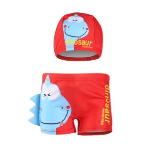 Set pantaloni de baie pentru baieti cu casca asortata, tematica lumea dinozaurilor acvatici, model reptila dino poznas, rosu