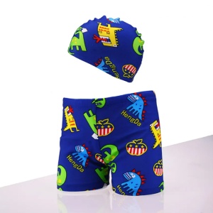 Set pantaloni de baie pentru baieti cu casca asortata, tematica lumea acvatica, model dinozauri hazlii, albastru cu verde - Img 2