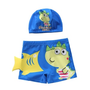 Set pantaloni de baie pentru baieti cu casca asortata, tematica lumea dinozaurilor acvatici, model reptila dino vesel, albastru - Img 3