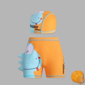 Set pantaloni de baie pentru baieti cu casca asortata, tematica lumea dinozaurilor acvatici, model dino vesel cu obrajori si limbuta, portocaliu - Img 4